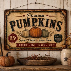 Puede incluir: Un letrero metálico rectangular con acabado desgastado que presenta el texto Premium PUMPKINS, Hand Picked, Farm Fresh y GATHER GIVE THANKS ENJOY. El gráfico muestra tres calabazas en naranja, blanco y verde, con un círculo de precio de 25c.