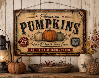 Primitive Pumpkin Sign • Fall Wood Plaque with Wire Hanger • Rustic Farmhouse Autumn Decor • Vintage Harvest Pumpkin Wall Hanging (16”x11”)
