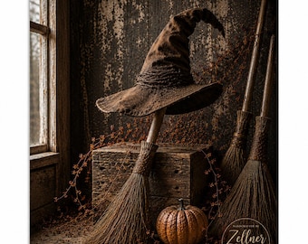 Primitive Witch Hat Print • 11”x14” Rustic Autumn Farmhouse Wall Art • Vintage Broom Still Life • Primitive Halloween Decor • Fine Art Print