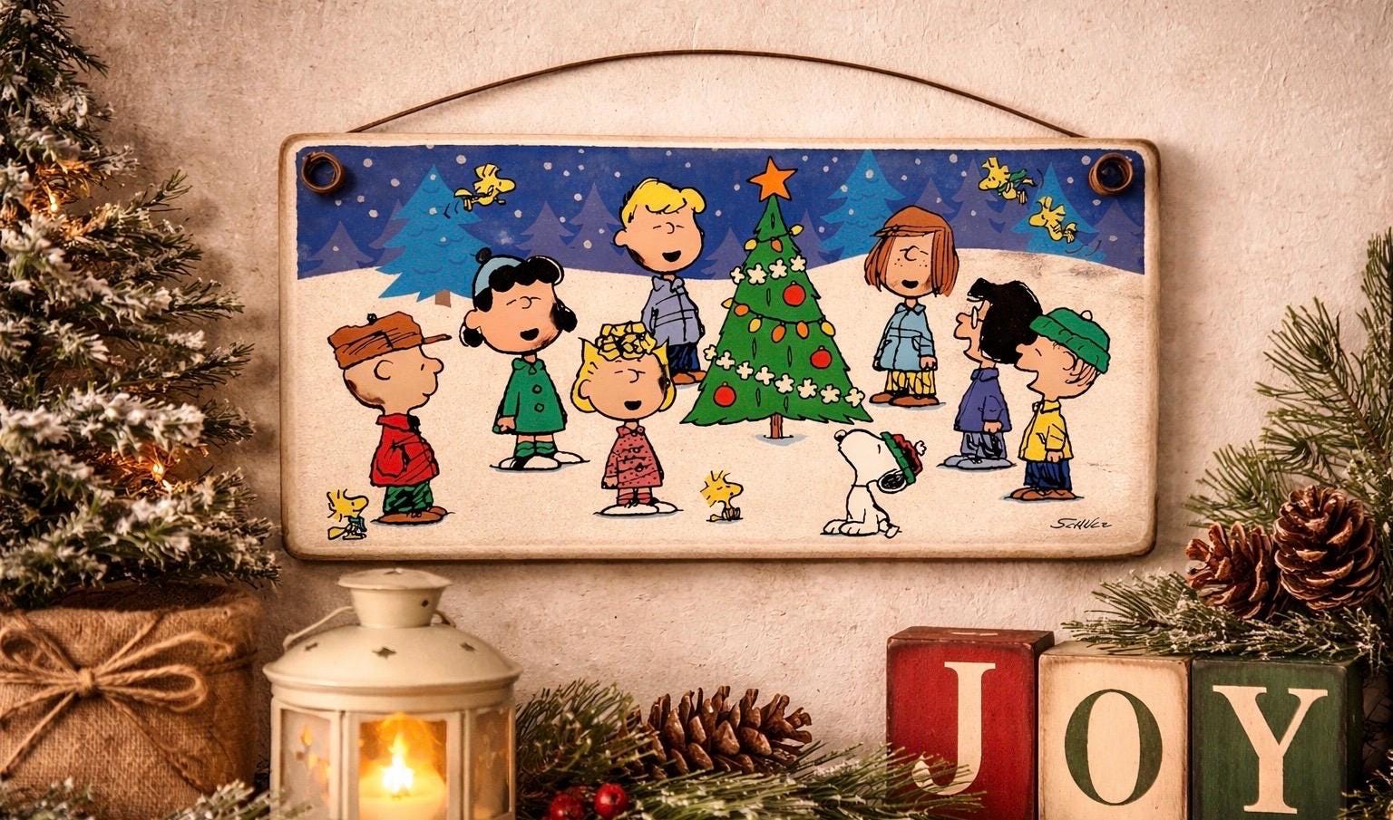 チャーリー・ブラウンのクリスマス木製看板：キラキラ輝くピーナッツ 
