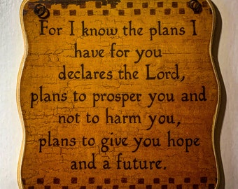 For I Know The Plans I Have For You declares the Lord / Inspirational Art Adhered To Wood And Ready To Display With Vintage Wire / 6”x6”