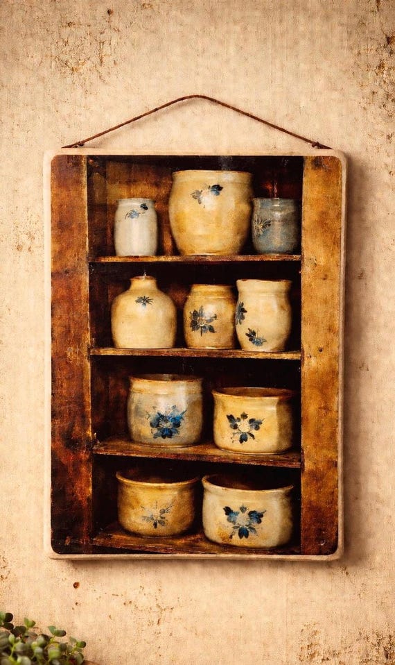 Antique Crock Cupboard Wood Plaque: Primitive Farmhouse Art (4x5 or 5x7)