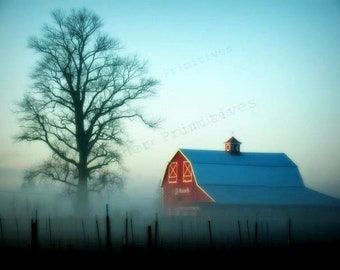 Rustic Barn Landscape Art Print on Wood Plaque - Farmhouse Decor