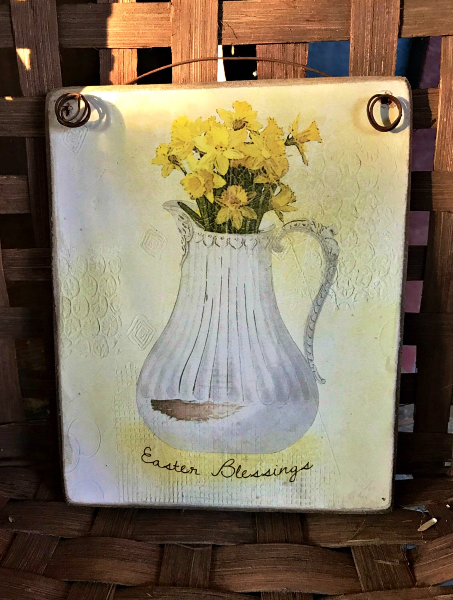 Easter Blessings, Art Decoupaged to Wood With Rusty Tin Hanger or Print ...