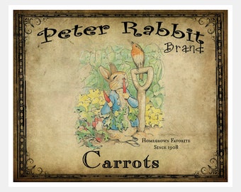 Peter Rabbit Brand Carrots /  Print Adhered To Wood / Complete with vintage tin wire hanger /  Three sizes to choose from 4x5, 5x7 or 8x10