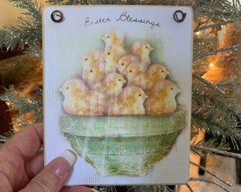 Easter Blessing, Wood Plaque or Print, 4.5”x5.5”, Easter Decor and Gifts, Vintage Graphics, Easter Chicks filling a big Vintage Green Bowl