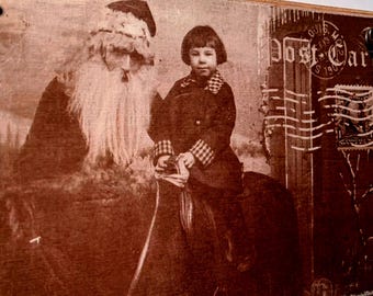 Primitive Santa Christmas Ornament: 1914 Photo on Wood Plaque