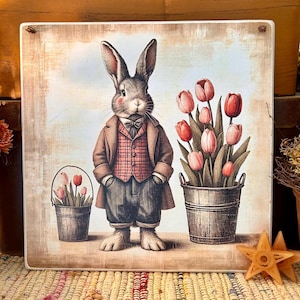 Coniglietto di tulipani primaverili / Targa in legno 11x11 pronta per essere esposta o stampata su cornice