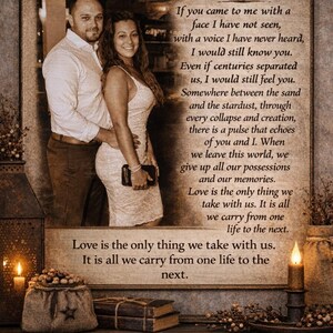 May include: A framed print featuring a couple, with the text "Stardust" and a romantic poem. The image has a warm, sepia tone, with candles and rustic decor.