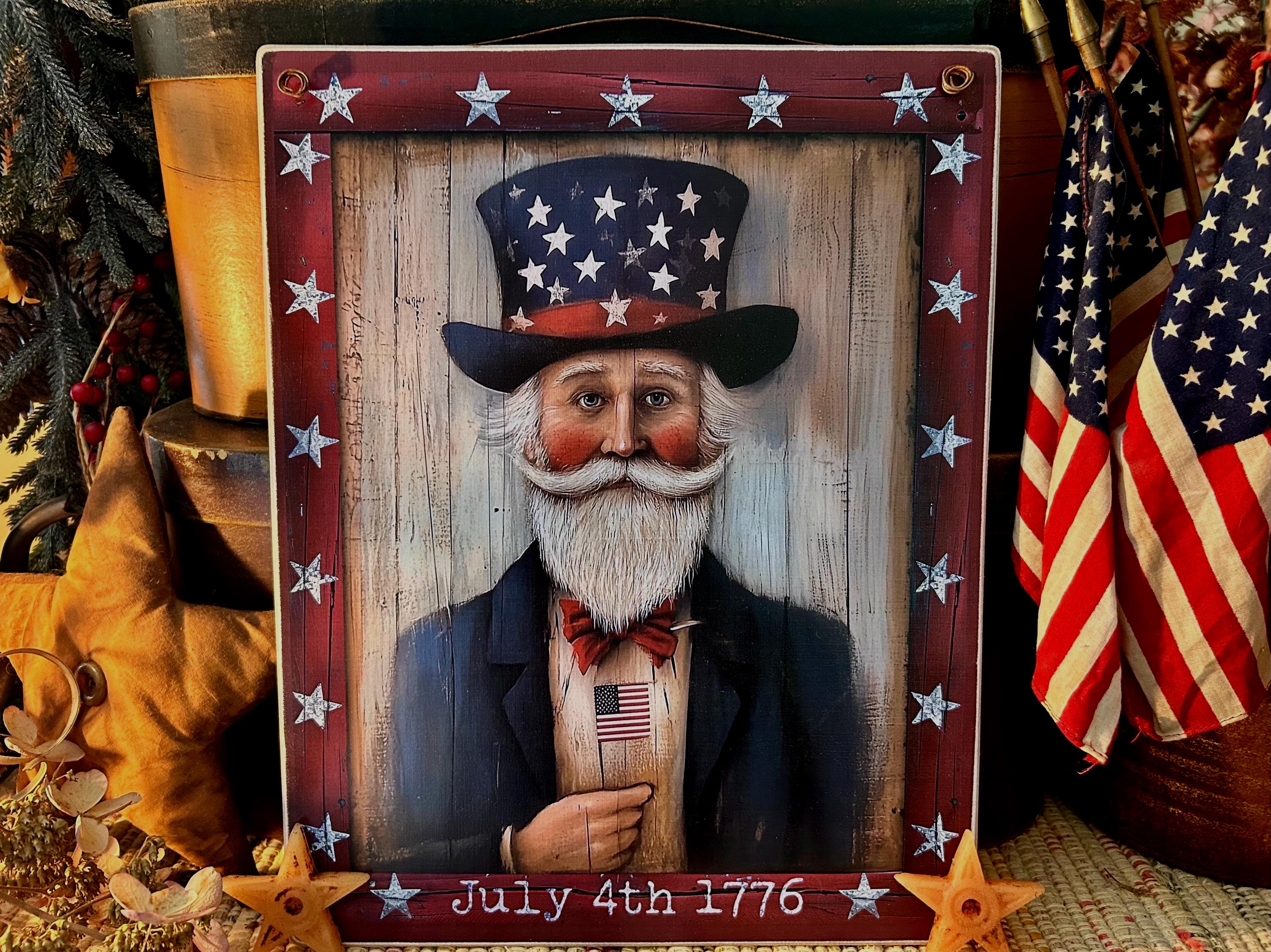 Patriotic Uncle Sam Wood Plaque: Primitive Americana Folk Art