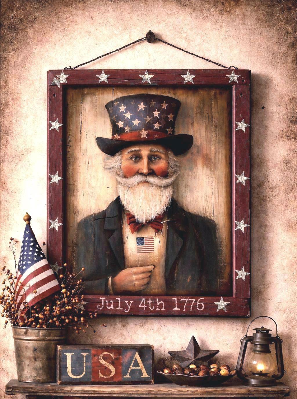 アメリカ　ボトルキャップマン ミッドセンチュリー　50s フォークアート Patriotic Uncle Sam Wood Plaque: Primitive Americana Folk Art