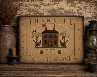 Thankful For Thy Grace Primitive Print, Thanksgiving Folk Art Print, Primitive Farmhouse Wall Decor, Autumn Harvest Artwork