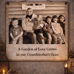 May include: A sepia-toned framed print featuring a group of people, including a smiling older person and several children. The print includes the text "A Garden of Love Grows in our Grandmother's Heart."
