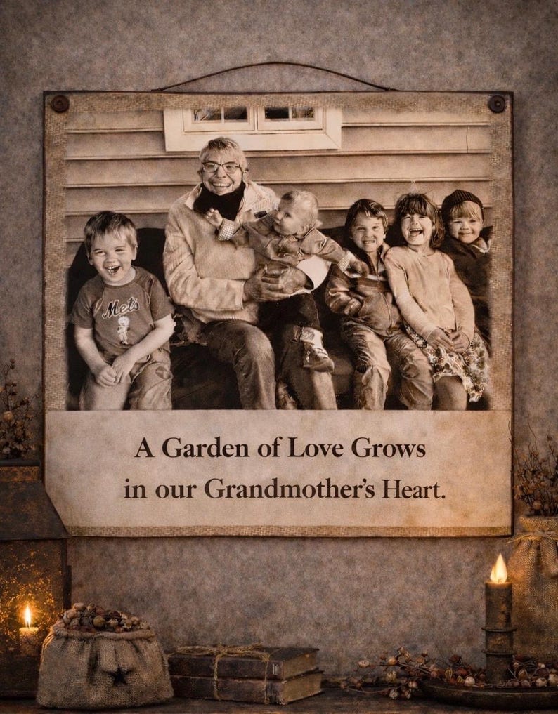 May include: A sepia-toned framed print featuring a group of people, including a smiling older person and several children. The print includes the text "A Garden of Love Grows in our Grandmother's Heart."