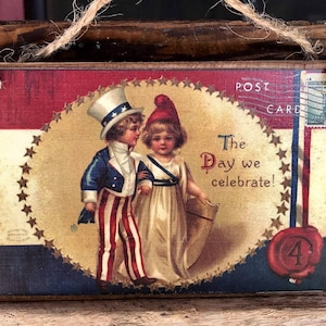 El día que celebramos - Postal nostálgica con respaldo de madera o impresión para enmarcar - 5'' x 4'' - 4 de julio - Recuerdo de fiesta - Regalo