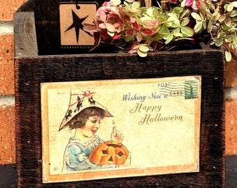 Vintage Halloween Wood Box: Folk Art Organizer, Distressed Black Finish