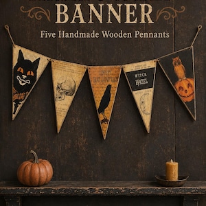 Vintage Halloween Banner, 5 Wooden Pennants, Primitive Folk Art Garland, Cat Skull Crow Witch Owl Mantel Decor
