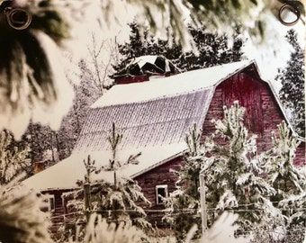 Winter Barn / Photo Gift / Handmade By Adhering Art To Wood / Complete With Vintage Wire Hanger Or Print to frame yourself