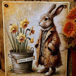 May include: A vintage-style illustration of a brown rabbit wearing a brown coat, standing next to a metal bucket with a sign that reads "SPRING THYME". The bucket is filled with yellow daffodils.