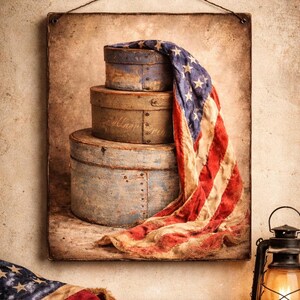 May include: A rustic wooden sign features three stacked, round, antique-style boxes in shades of blue and brown. An American flag drapes over the boxes. The sign is hung with a wire and has a distressed, vintage appearance.
