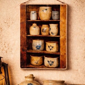 Pu&ograve; includere: Una mensola rustica in legno con diversi vasi e barattoli in ceramica. I vasi sono color crema con disegni floreali blu. La mensola &egrave; montata su una parete strutturata marrone chiaro. La mensola ha un filo per appenderla.