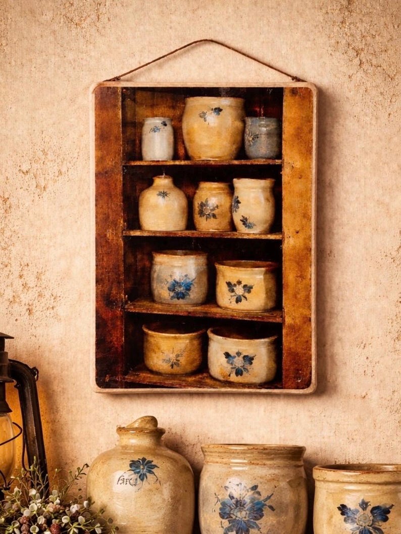 Pu&ograve; includere: Una mensola rustica in legno con diversi vasi e barattoli in ceramica. I vasi sono color crema con disegni floreali blu. La mensola &egrave; montata su una parete strutturata marrone chiaro. La mensola ha un filo per appenderla.