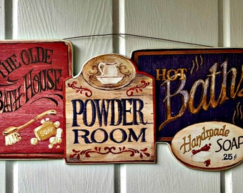 Vintage Bath Art / Wood Sign / Farmhouse Decor / Antique Style Wall Art /  LARGE 17" x 8 / Handmade in USA