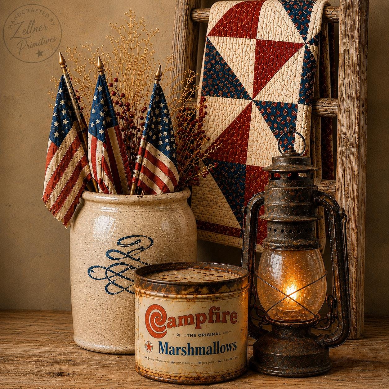 Rustic Americana Wall Art, Primitive Patriotic Decor, Vintage Lantern ...