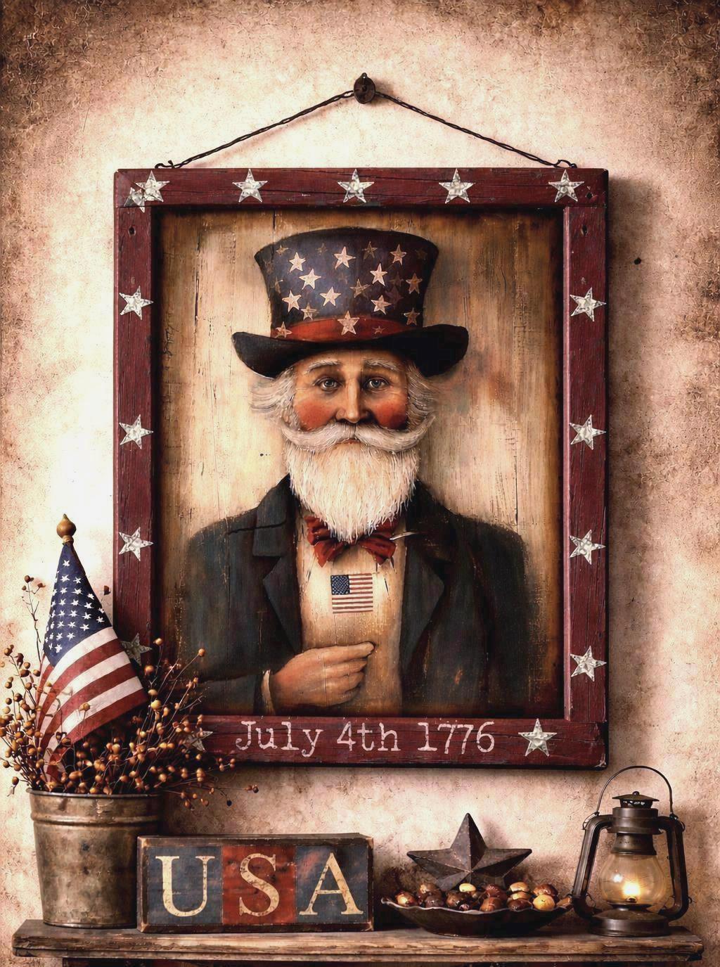 Patriotic Uncle Sam Wood Plaque: Primitive Americana Folk Art