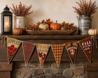 Primitive Fall Banner • Wood Pennant Banner • Autumn Garland • Pumpkin Banner • Rustic Fall Decor • Primitive Farmhouse Decor 48 Inch Banner