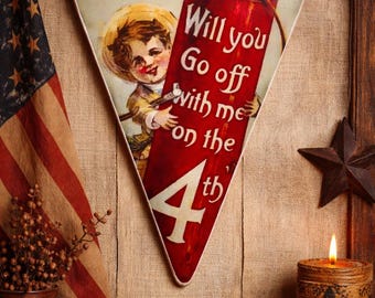 Americana Wooden Pennant: 4th of July Primitive Decor ( Small 5.5'' x 4.5'' or large 10'' x 8'' )
