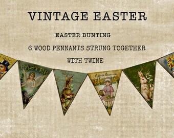 Può includere: Festone di Pasqua vintage con sei pennoni di legno infilati insieme con lo spago. I pennoni presentano immagini di coniglietti, pulcini e saluti pasquali.