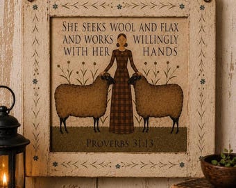 Primitive Proverbs 31 Sheep Wood Plaque – Rustic Farmhouse Christian Wall Decor – Primitive Folk Art Sign – Handmade Wood Sign or Print