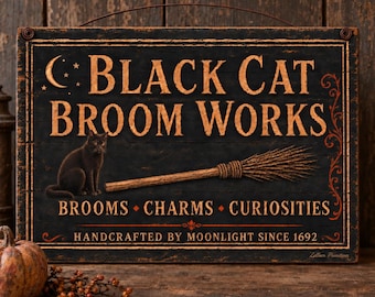 Primitive Halloween Black Cat Wall Art, Witchy Broom Shop Sign, Rustic Kitchen Witch Decor 16x11