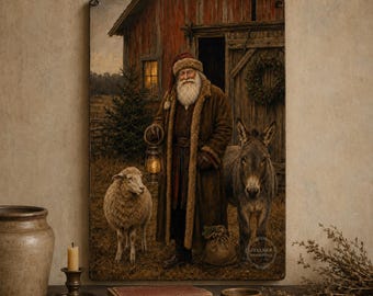 Primitive Santa Barn Wall Art, 11x16 Rustic Christmas Wood Plaque or Print