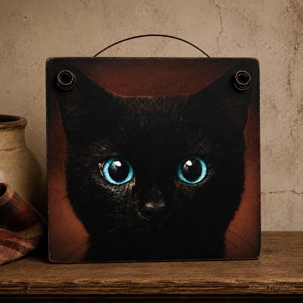 Black Cat Wall Art , Cat Lover Gift, Primitive Wood Plaque, Rustic