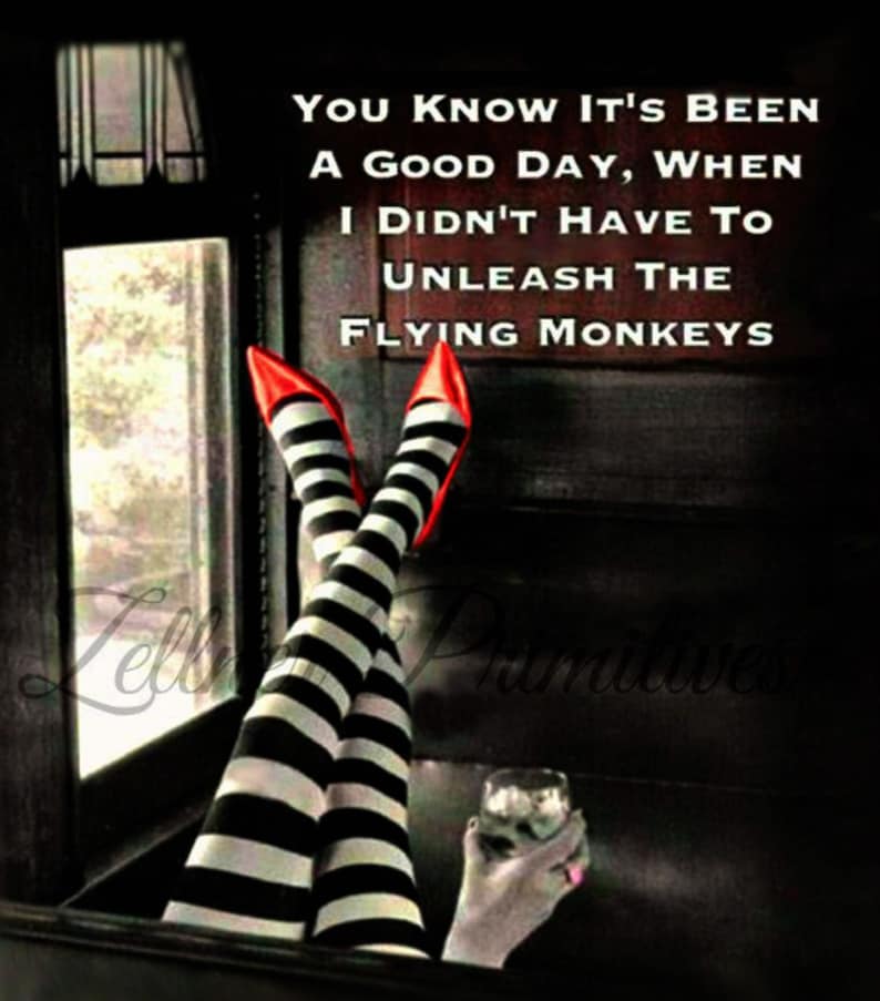 May include: A black and white striped leg with red shoes and a glass of liquid in a clear glass. The text reads "You know it's been a good day, when I didn't have to unleash the flying monkeys."
