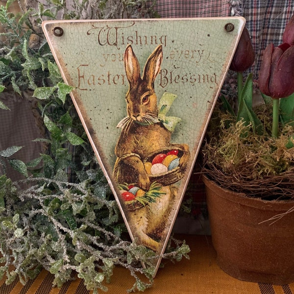 Vintage Easter Pennant / Art adhered to wood - vintage tin wire hanger / Primitive Easter Decor / 10''x7'' or 6''x4'' /  Easter Gifts