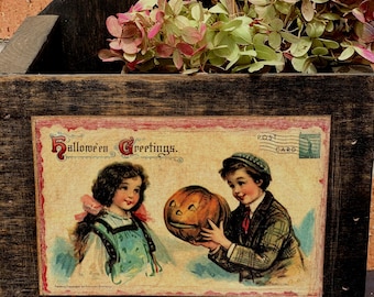 Handmade Distressed Halloween Box: Vintage Style Desk Organizer (9x7x4 inches)