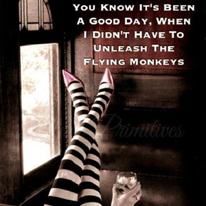 May include: Black and white striped stockings with pink heels and a quote that reads "You know it's been a good day, when I didn't have to unleash the flying monkeys."