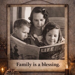 May include: Sepia-toned framed print featuring a mother reading to two children. The children are looking at a magazine with the word "LIFE" visible. The text "Family is a blessing" is printed at the bottom of the frame. Decorative elements include candles and a burlap sack.