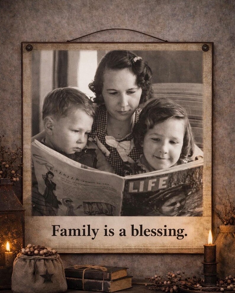 May include: Sepia-toned framed print featuring a mother reading to two children. The children are looking at a magazine with the word "LIFE" visible. The text "Family is a blessing" is printed at the bottom of the frame. Decorative elements include candles and a burlap sack.
