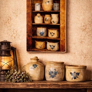 Pu&ograve; includere: Una mensola da parete in legno con otto piccoli vasi in ceramica con motivi floreali blu. Sotto, tre vasi in ceramica pi&ugrave; grandi e abbinati poggiano su una mensola in legno accanto a una lanterna in metallo accesa e bacche.