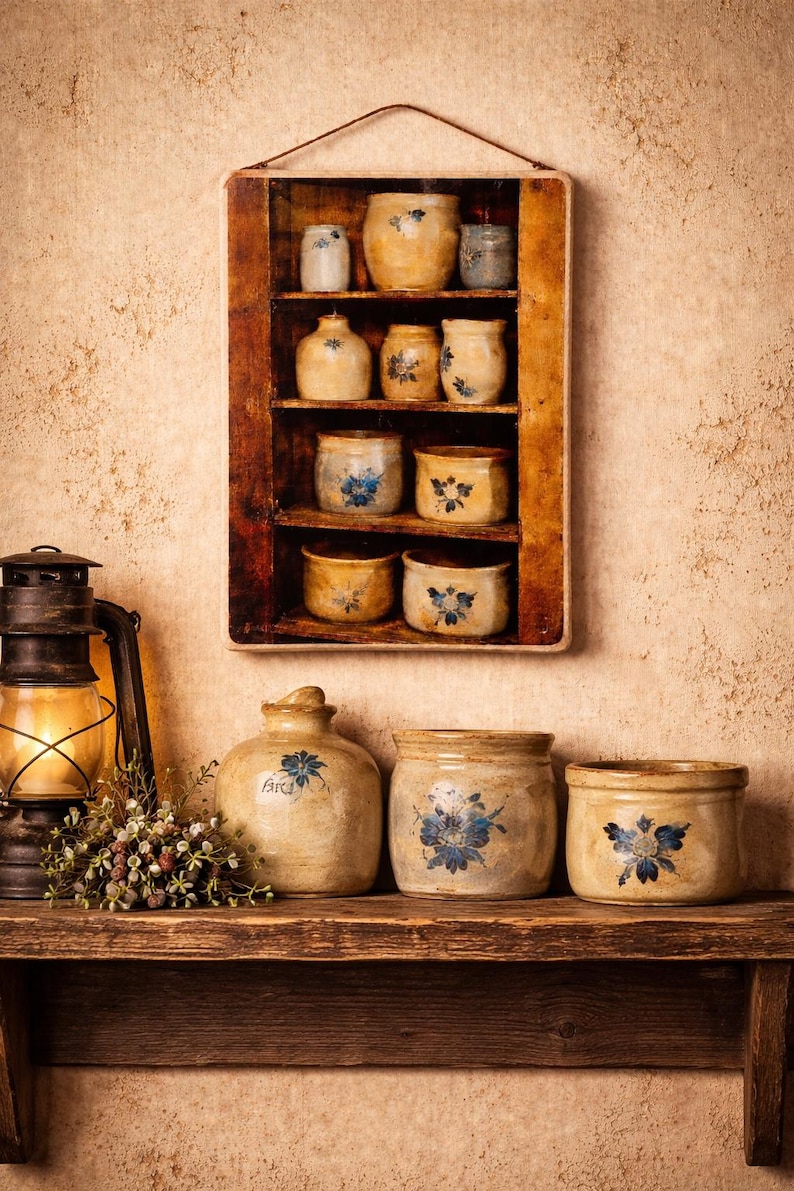 Pu&ograve; includere: Una mensola da parete in legno con otto piccoli vasi in ceramica con motivi floreali blu. Sotto, tre vasi in ceramica pi&ugrave; grandi e abbinati poggiano su una mensola in legno accanto a una lanterna in metallo accesa e bacche.