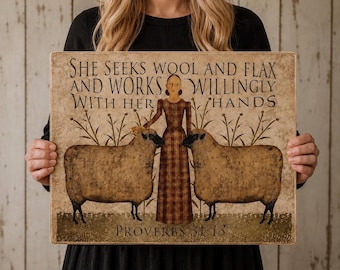 Primitive Sheep Wood Plaque / Proverbs /  Rustic Farmhouse Wall Decor / Handmade Primitive Sign with Rusty Tin Wire Hanger / 8x10 or 11x14