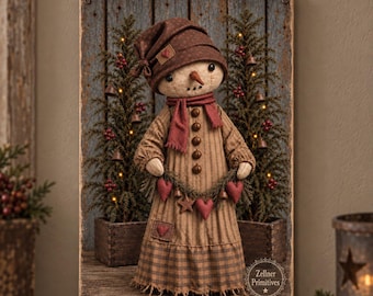 Primitive Girl Snowman Wall Decor, Rustic Christmas Wood Plaque, Farmhouse Winter Art, 16x11 or 11x7, Country Christmas Gift