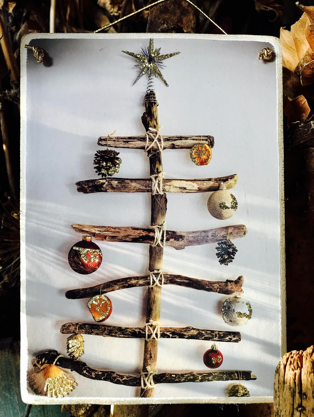 Primitive Christmas Tree / Wooden Picture Plaque / Glittering Ornaments ...