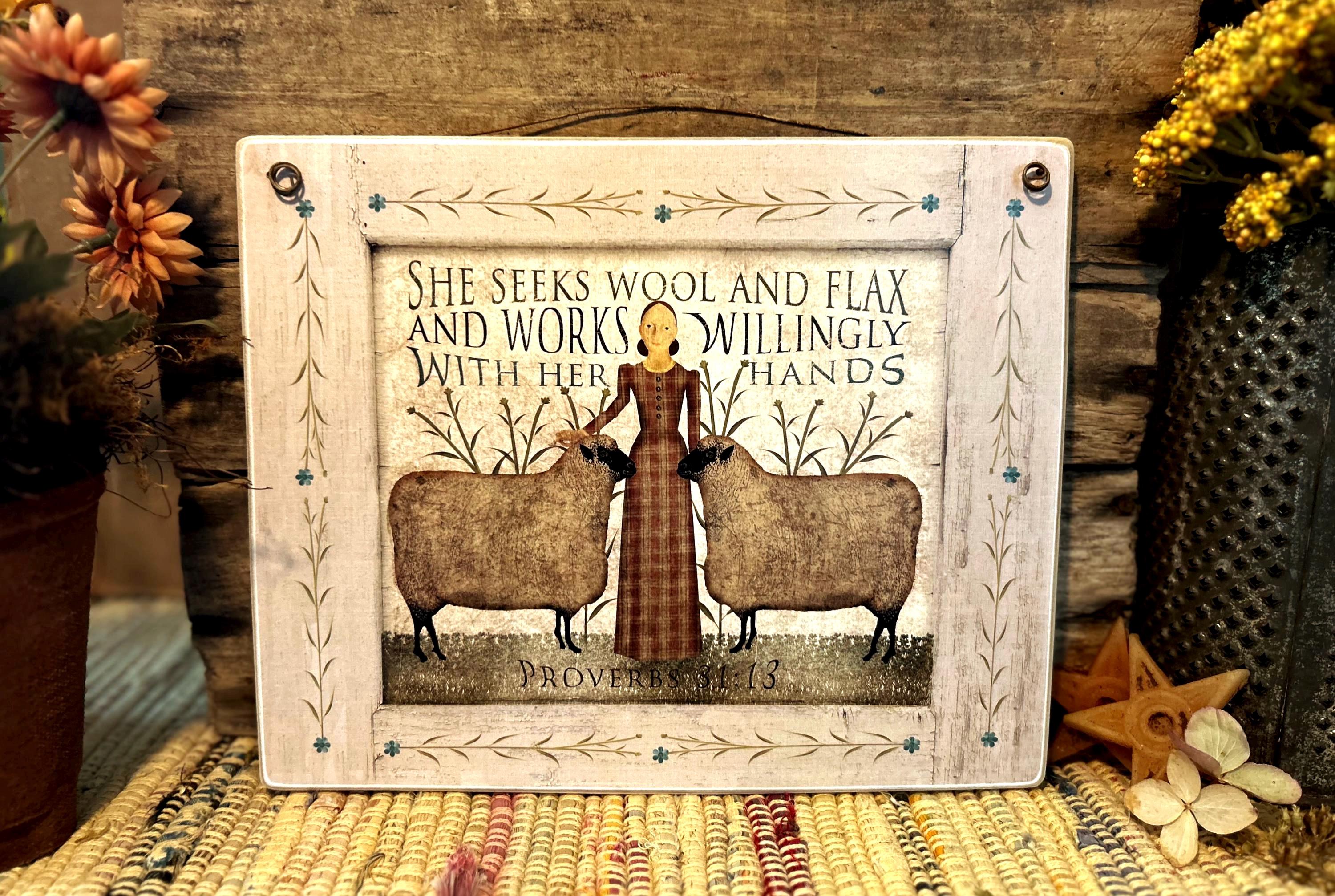 Primitive Folk Art Print Or Wood Plaque "She Seeks Wool"