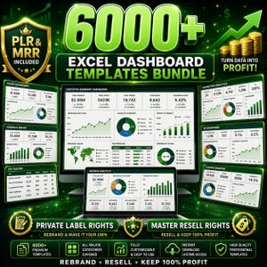 Puede incluir: Un paquete digital de más de 6000 plantillas de paneles de Excel que muestra varias visualizaciones de datos financieros, de ventas, marketing y recursos humanos en pantallas de computadora con etiquetas de texto PLR y MRR.