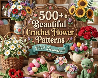 Pacchetto completo con oltre 500 modelli di fiori all'uncinetto: rose, tulipani, girasoli (download in PDF) / Wisha Templates